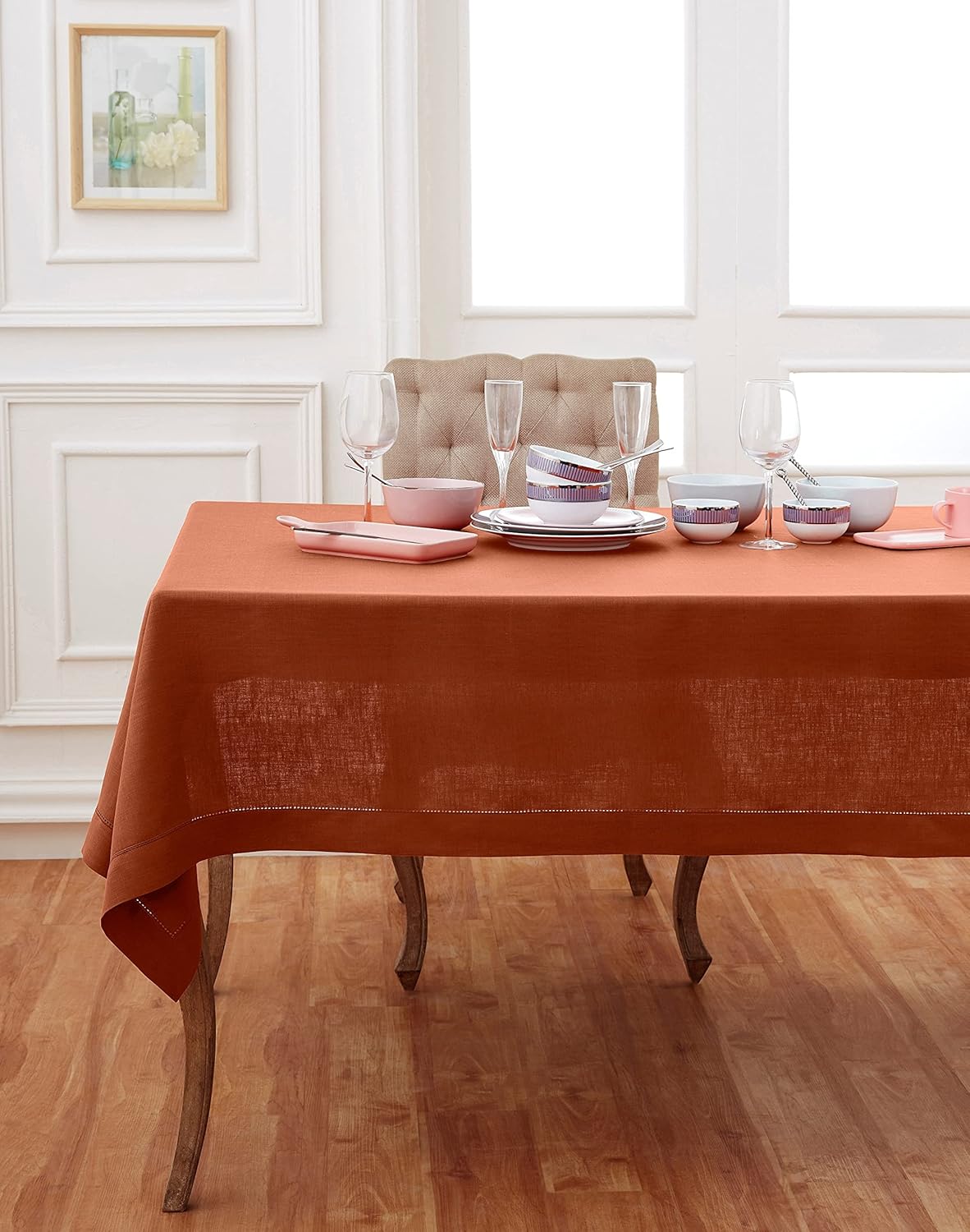 Classic Hemstitch 100% Pure Linen Tablecloth for Fall Events