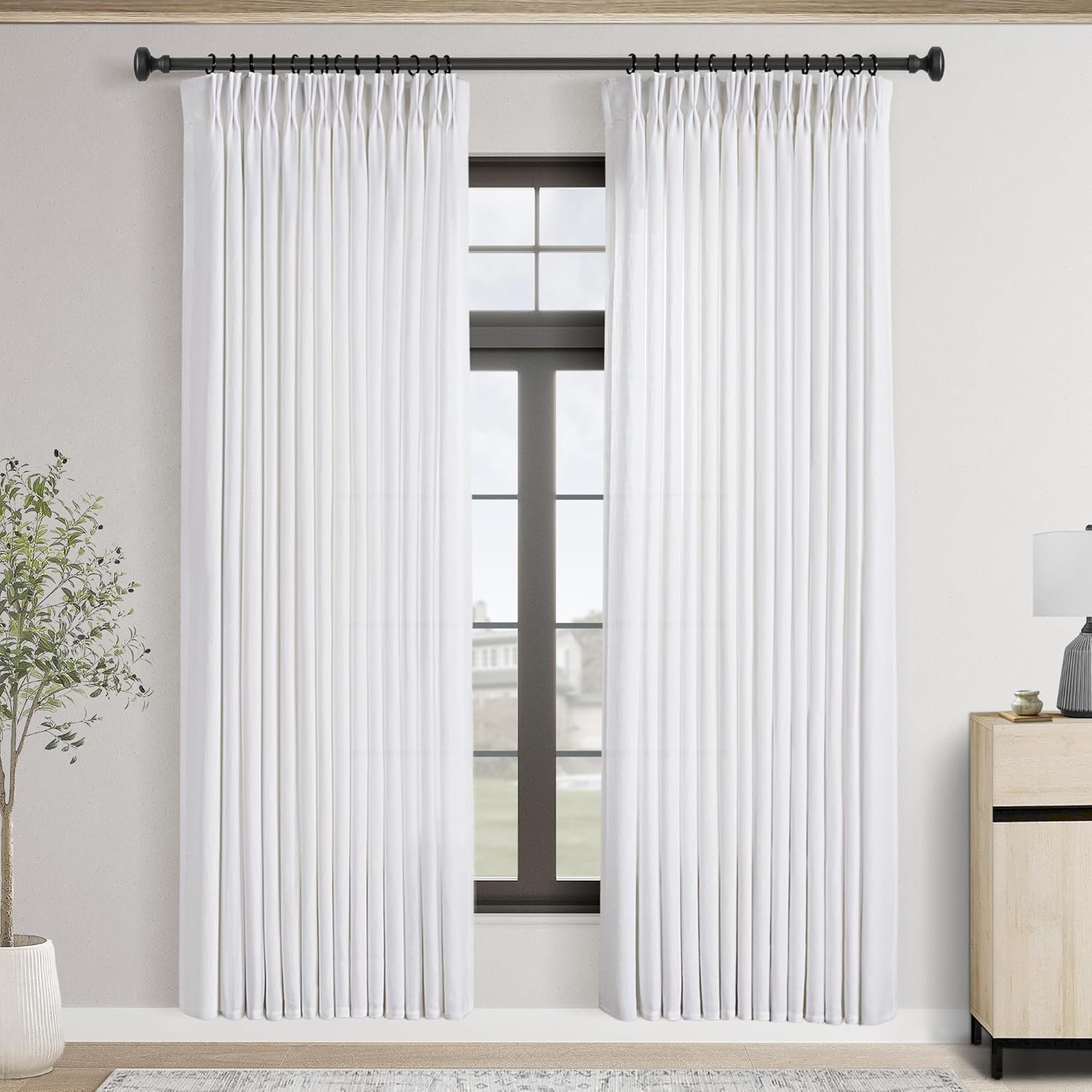 Pinch Pleated White Linen Curtains for Bedroom 80 inches Long