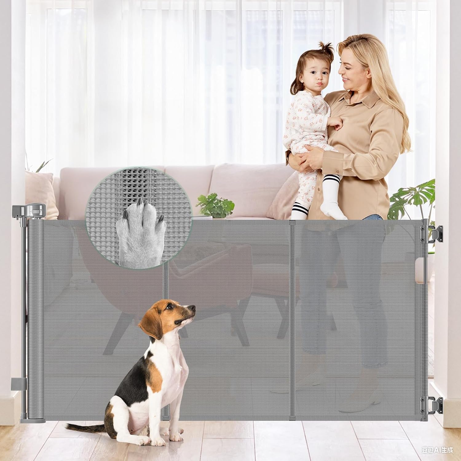 Reinforced 56 Inch Wide Retractable Dog Gate for Stairs Safety