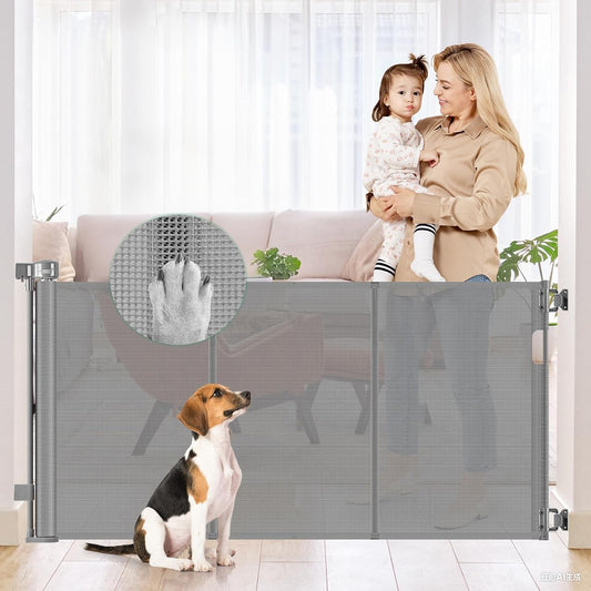 Reinforced 56 Inch Wide Retractable Dog Gate for Stairs Safety