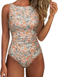 SUUKSESS Women One Piece Ruched Tummy Control Swimsuit - High Neck