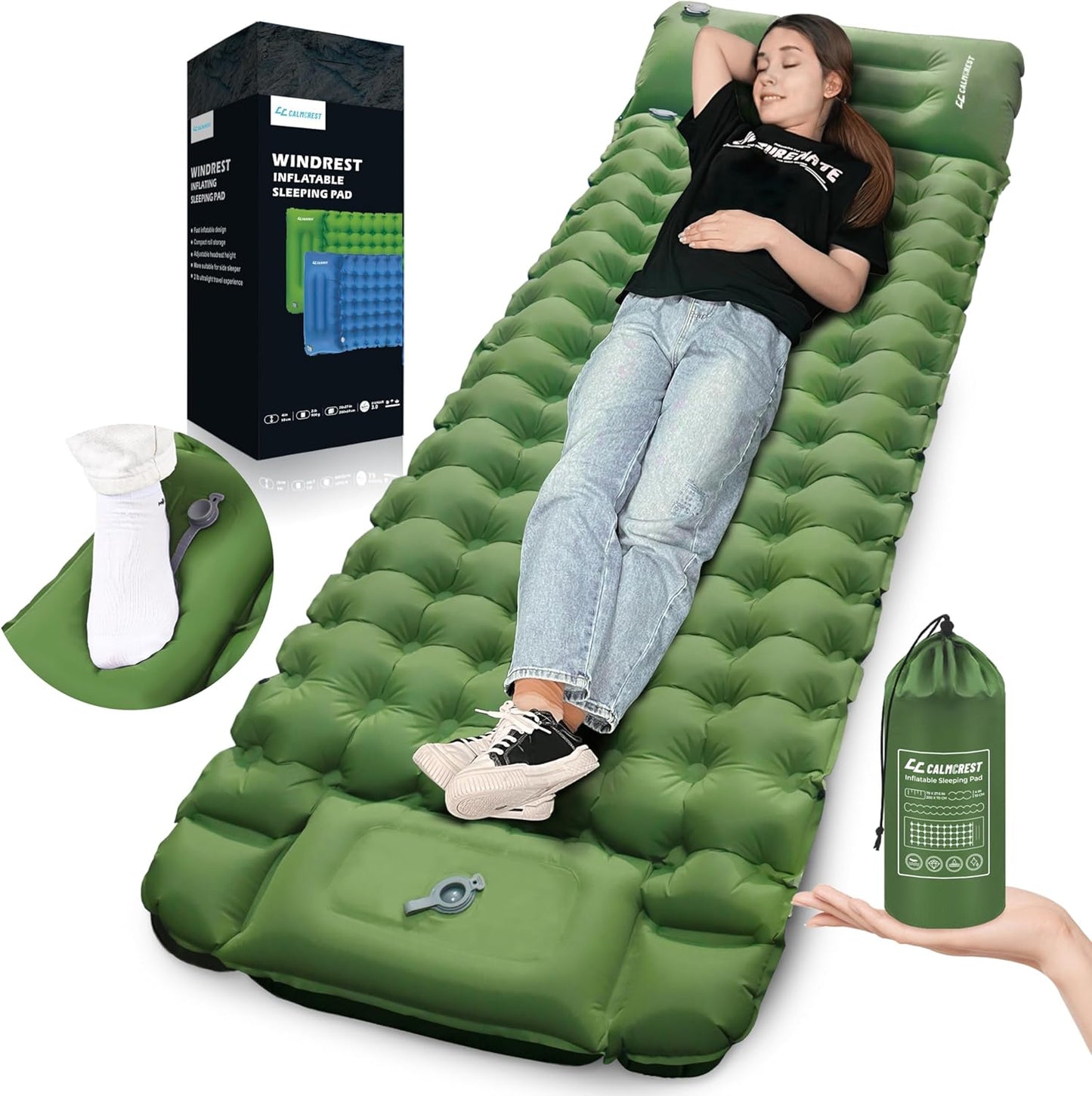 Inflatable Camping Pad - Comfy 4in Thick Sleep, Pillow & Pump - Lightweight, Waterproof-Nylon - CALMCREST