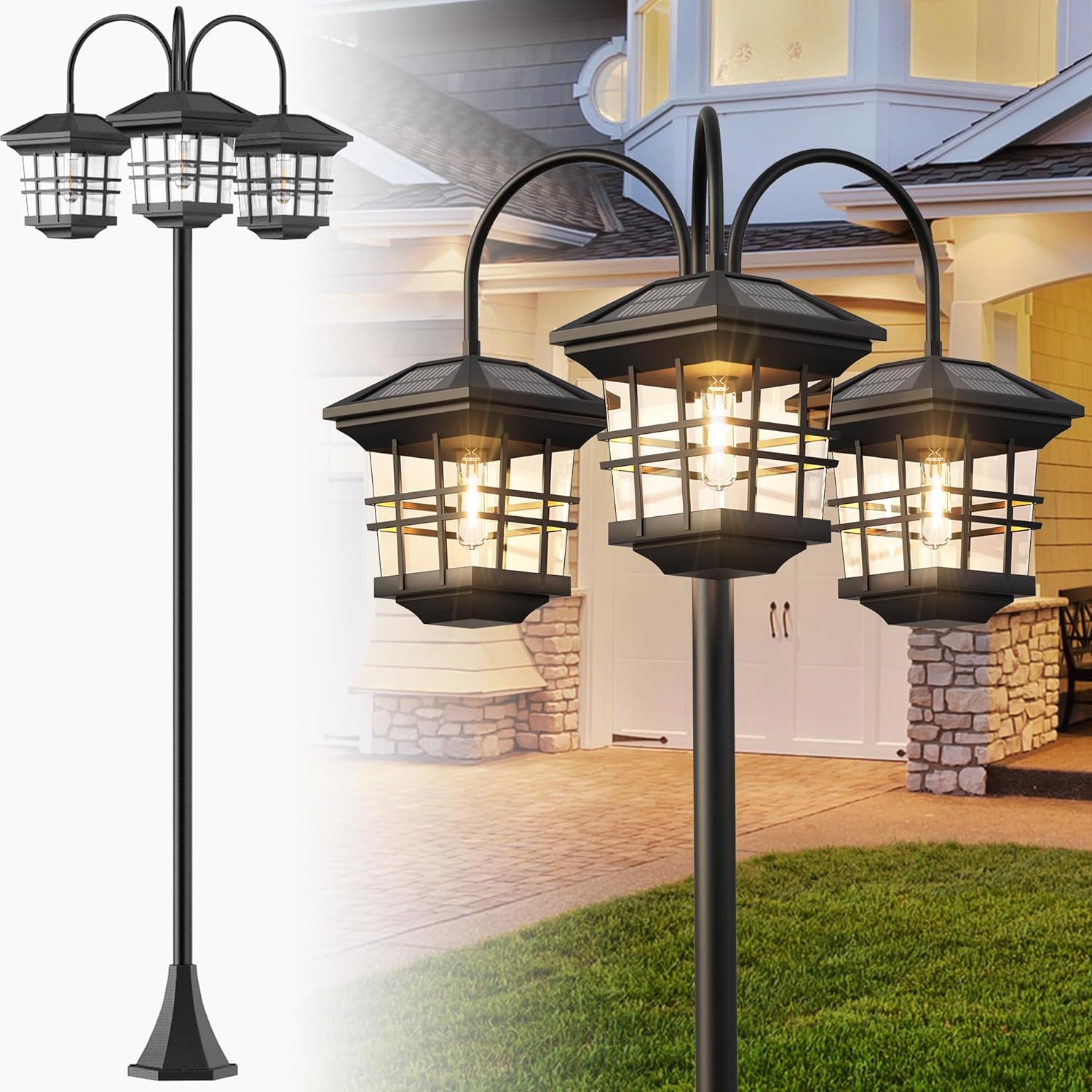 76 Inch Classic Black Solar Lamp Post Lights for Outdoor Use