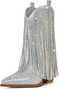 Ouepiano Cowboy Boots for Women - Sparkly Rhinestone Fringe Mid-Calf