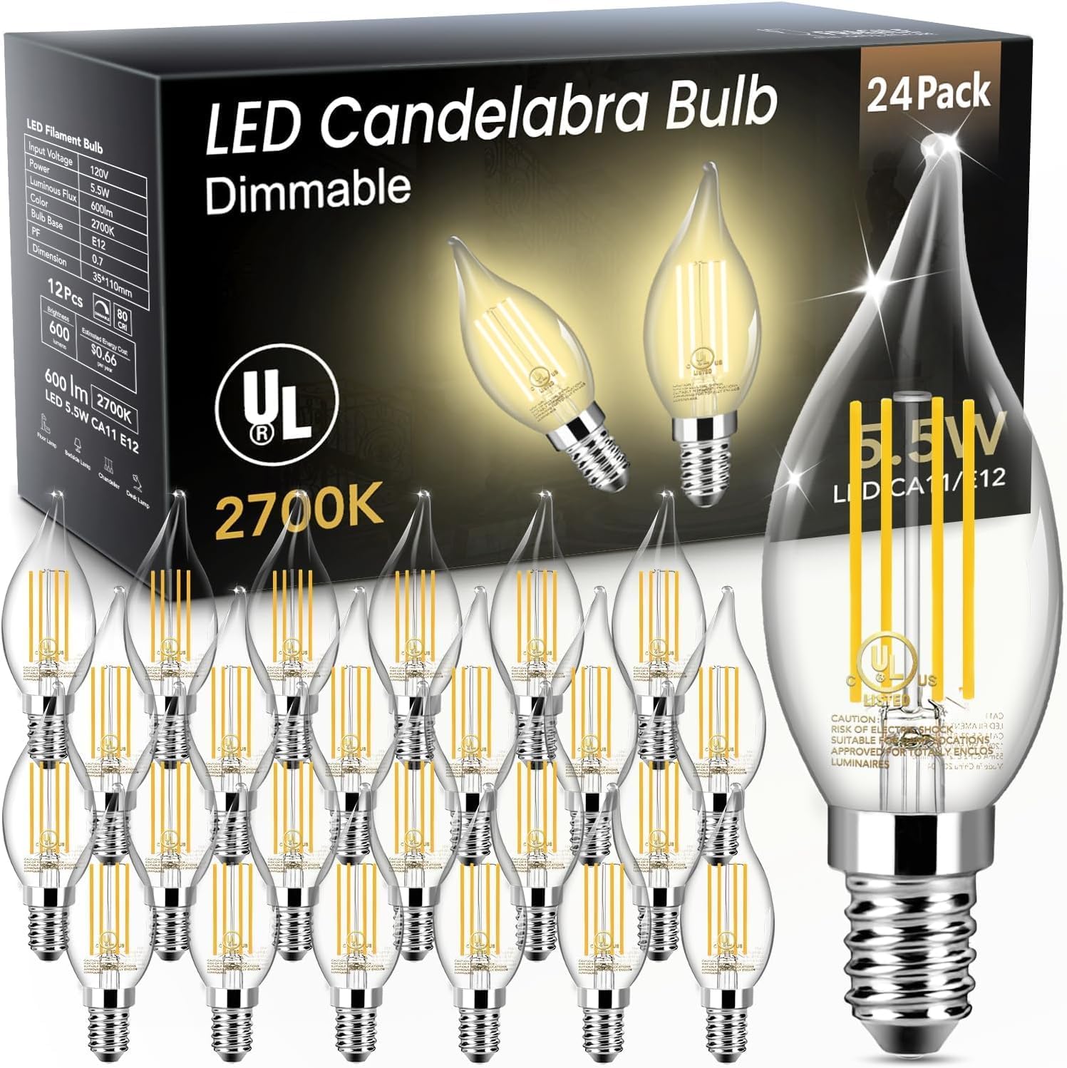Dimmable LED Candelabra Bulb 60W Equivalent Vintage Flame Tip