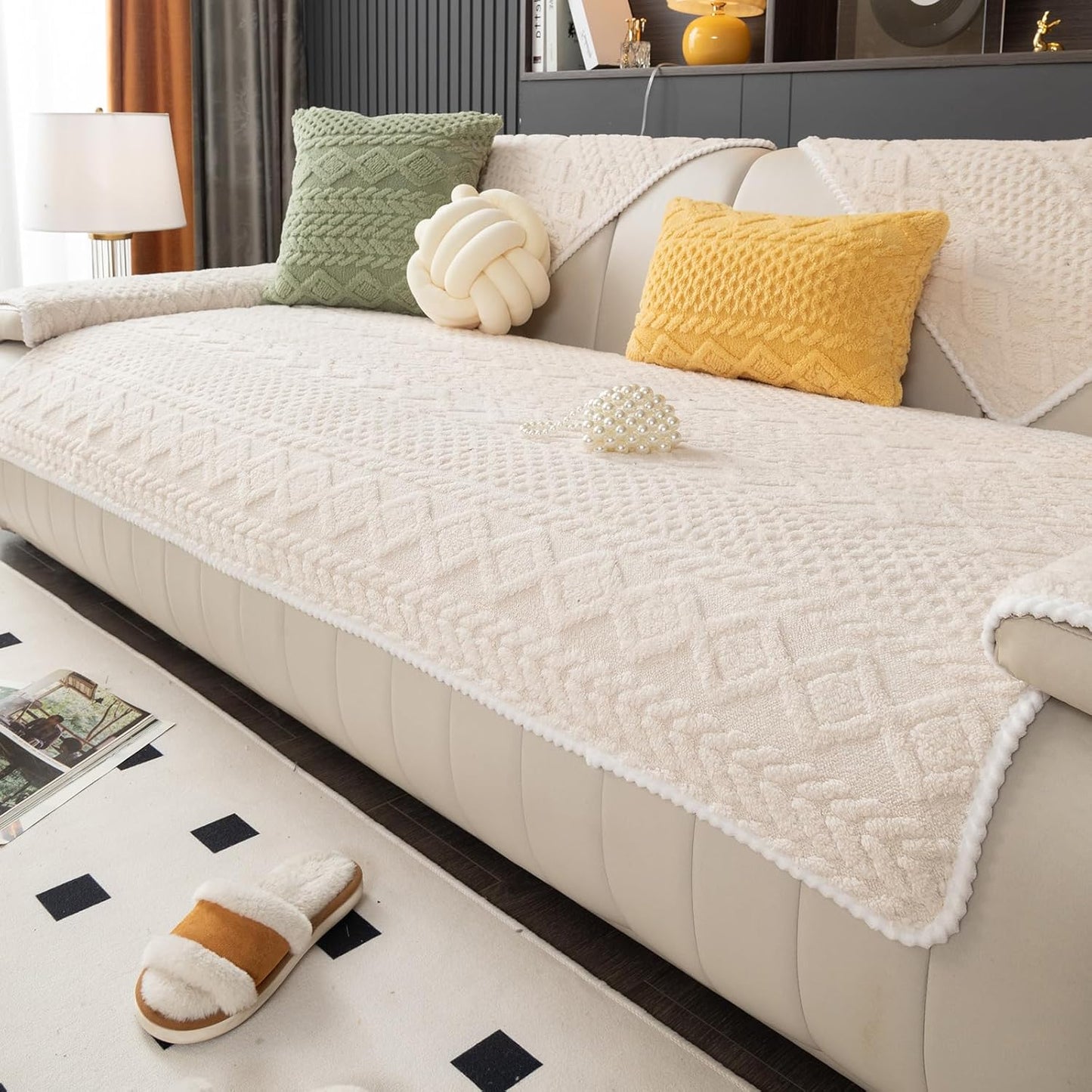 Geometric Jacquard Plush Warm Sofa Couch Cover for Cozy Comfort