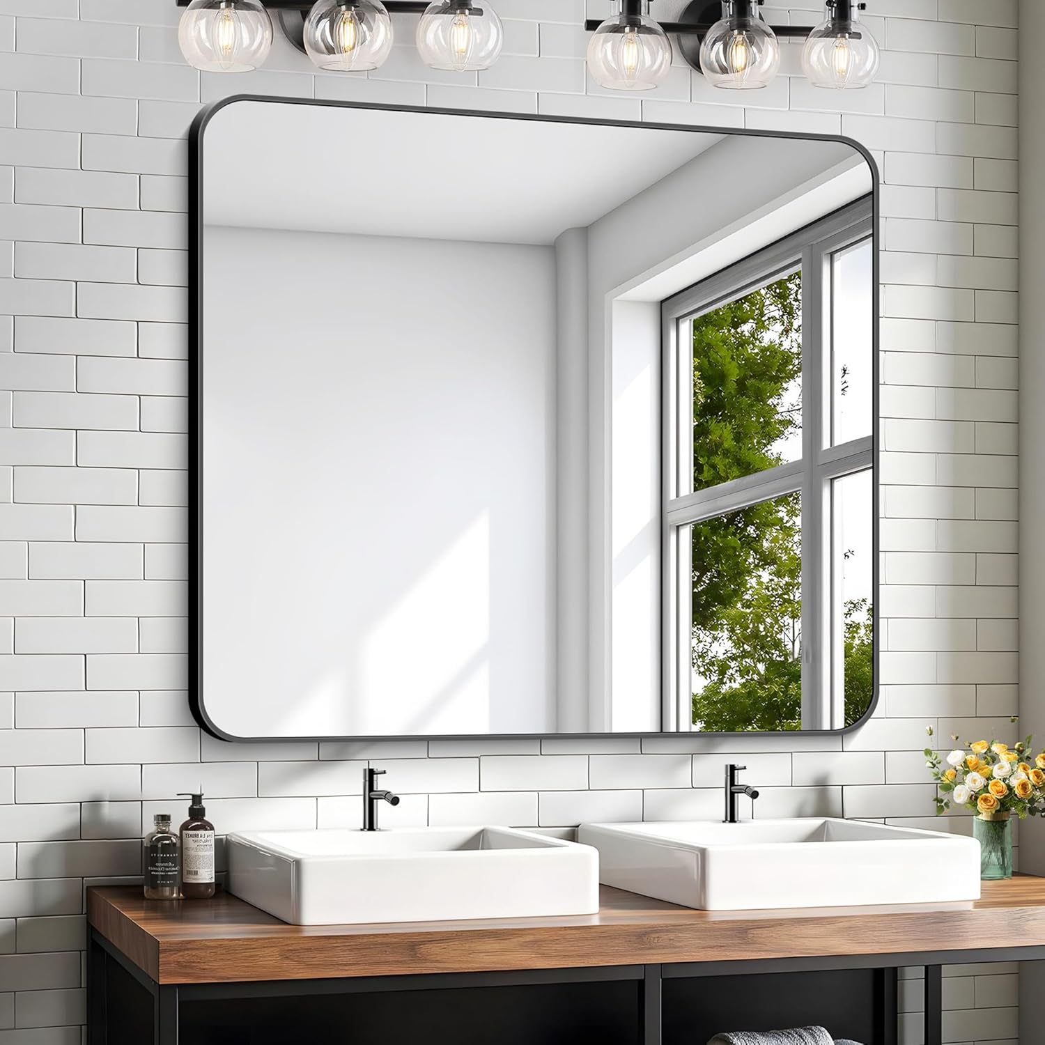KOCUUY 36x40 Black Rectangle Mirror for Wall with Rounded Corners