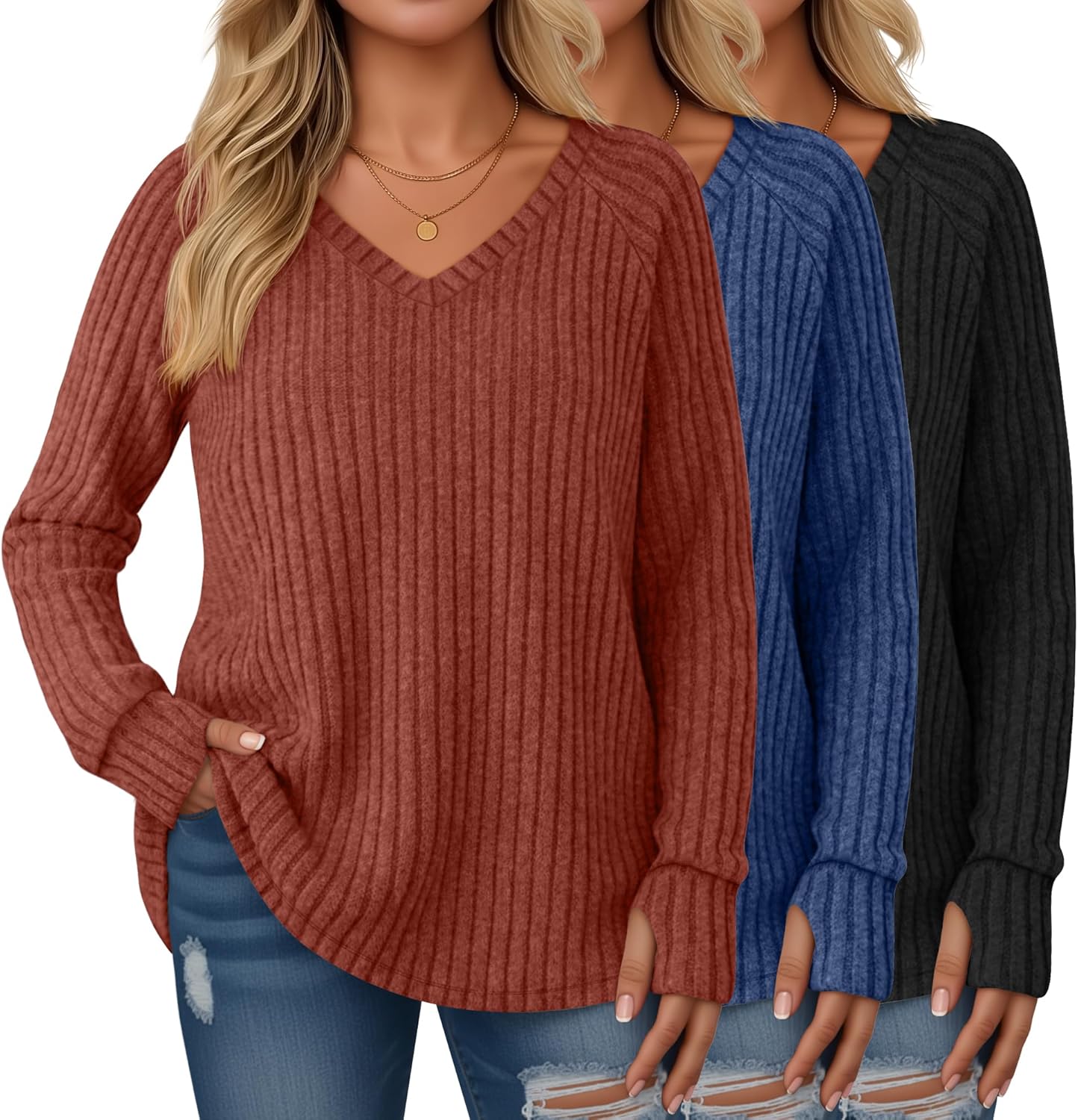 Plus Size Women's Long Sleeve Sweaters with Thumb Holes