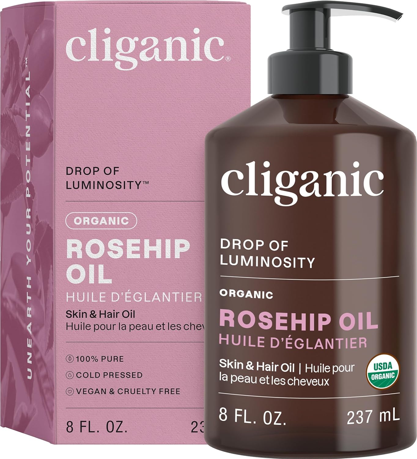 Cliganic Organic Rosehip Seed Oil for Face, Hair & Body Care