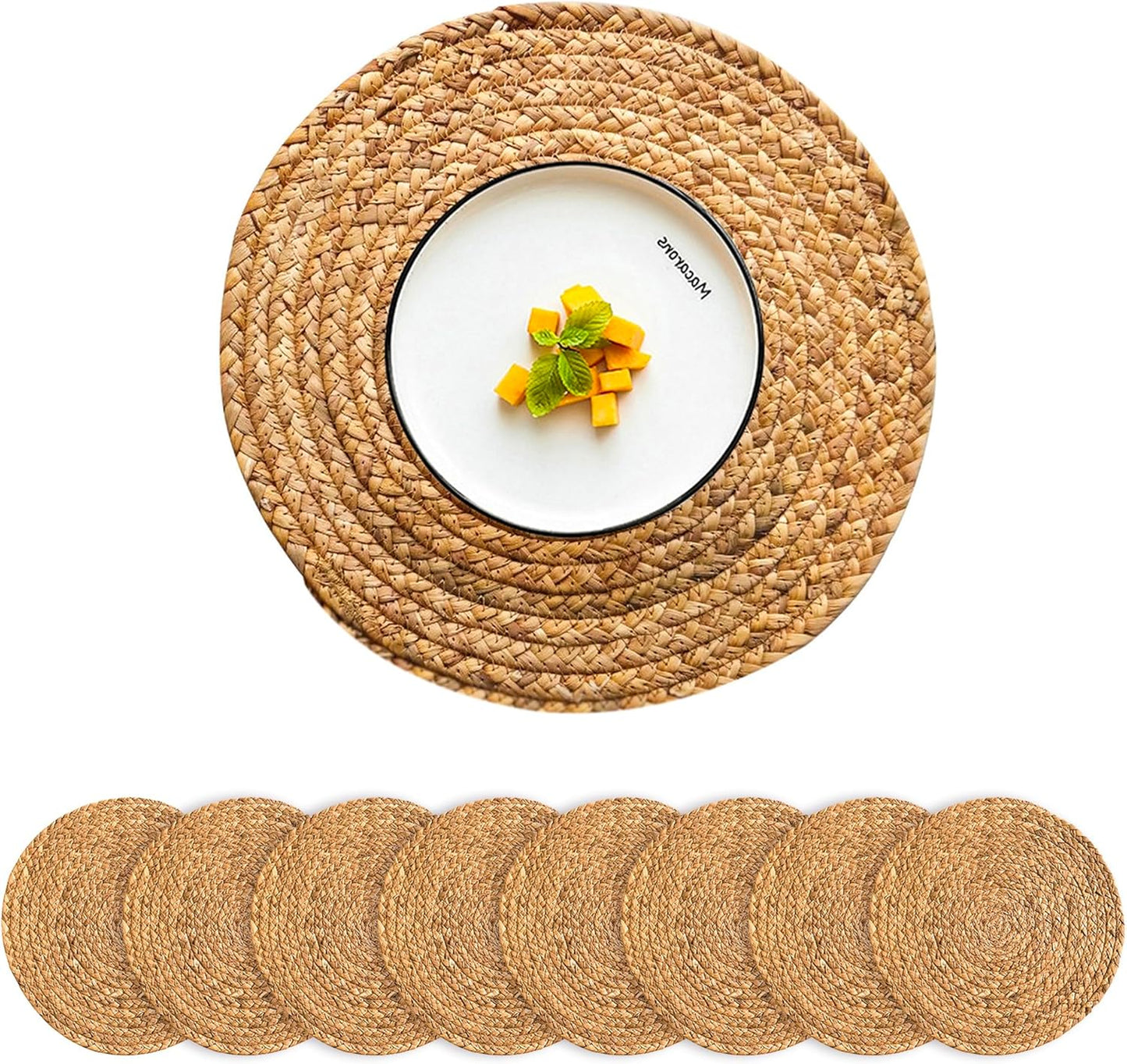 Round Placemats Set of 8 Natural Woven Rattan for Dining