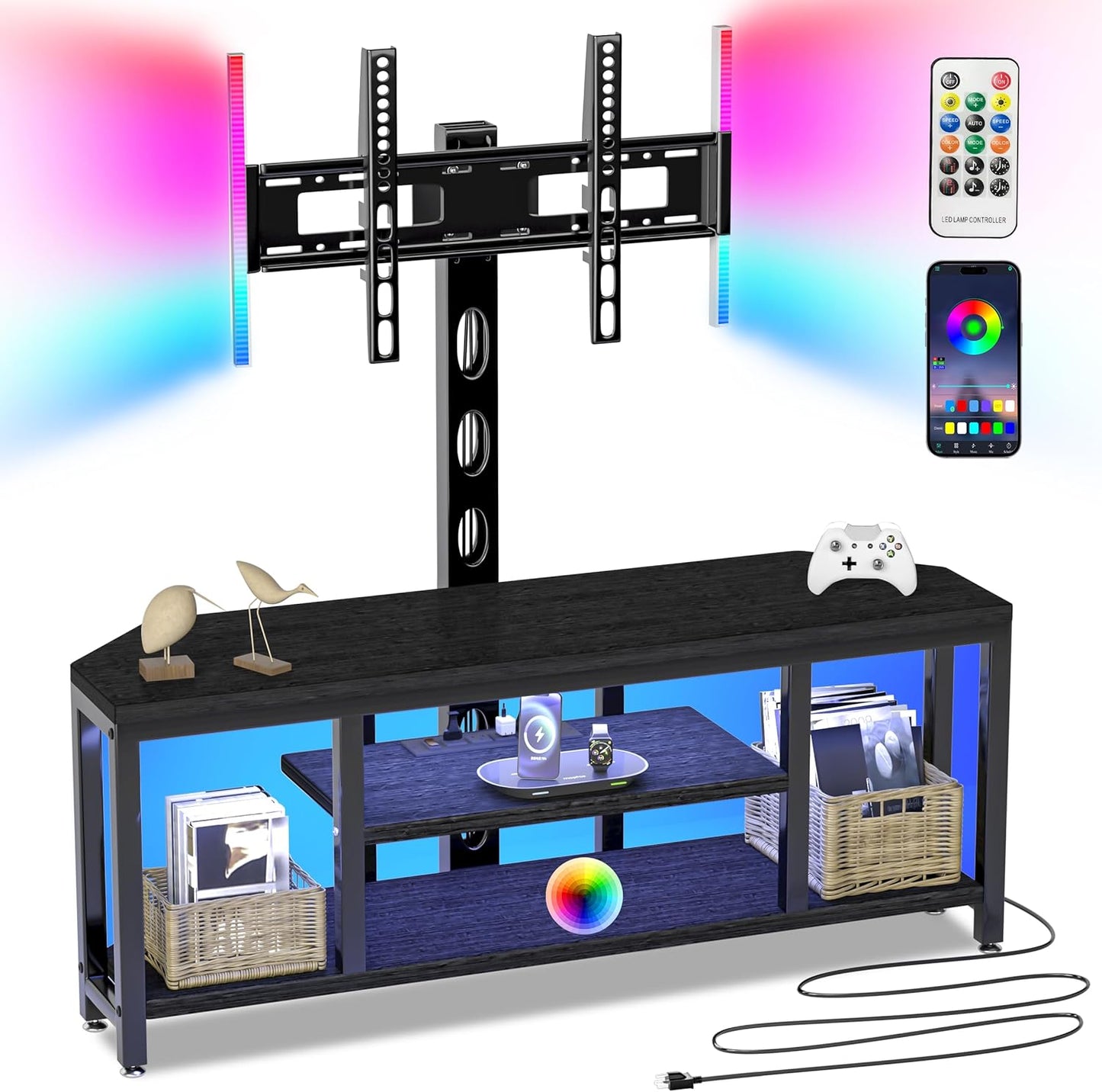 Adjustable Swivel Corner TV Stand w/ LED - Fits 32-65 TVs, Cabinet, Power Outlet, Colorful Light - EVAWOO