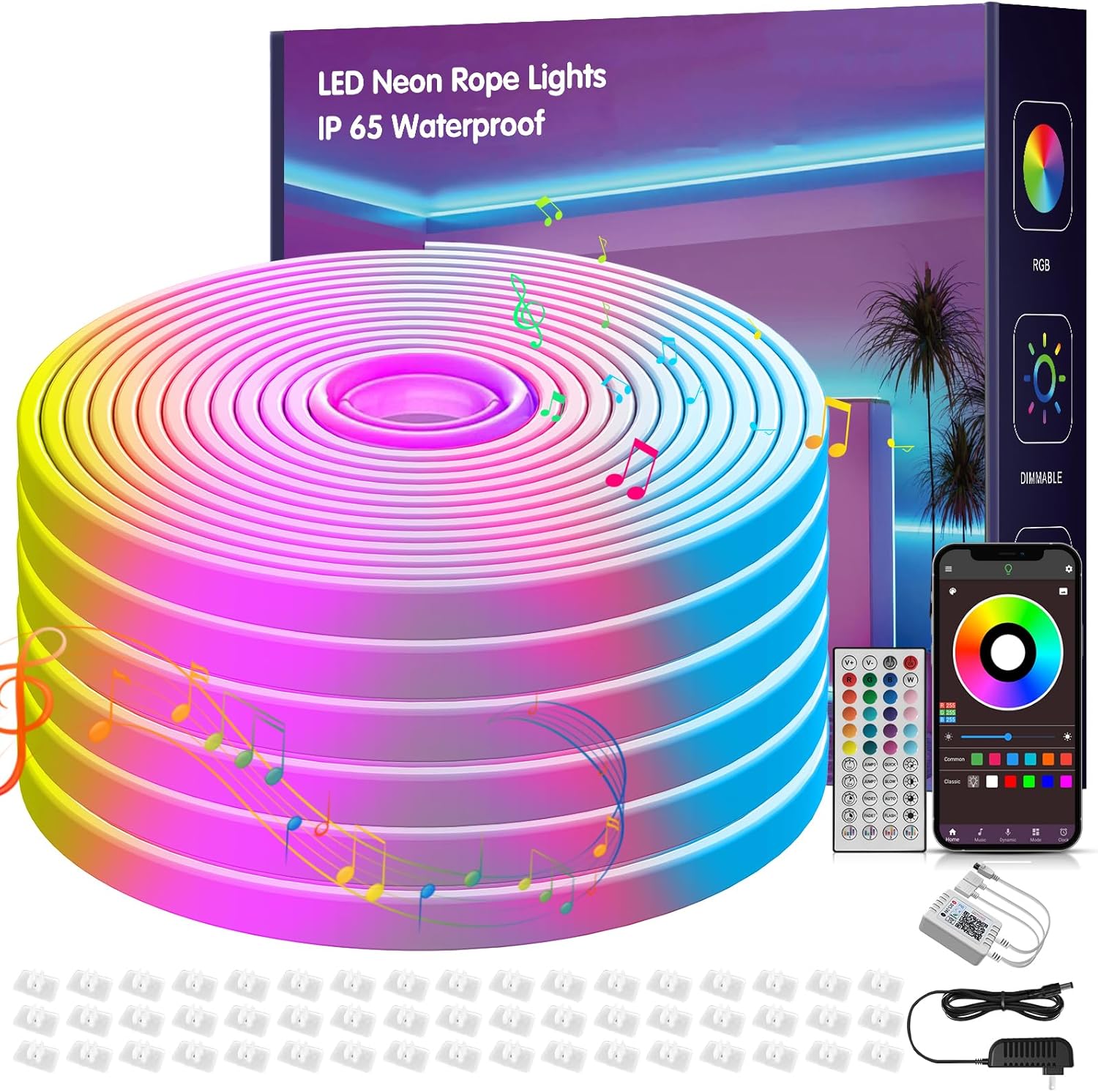 100FT LED Neon Rope Lights for Music Sync and Room Decor