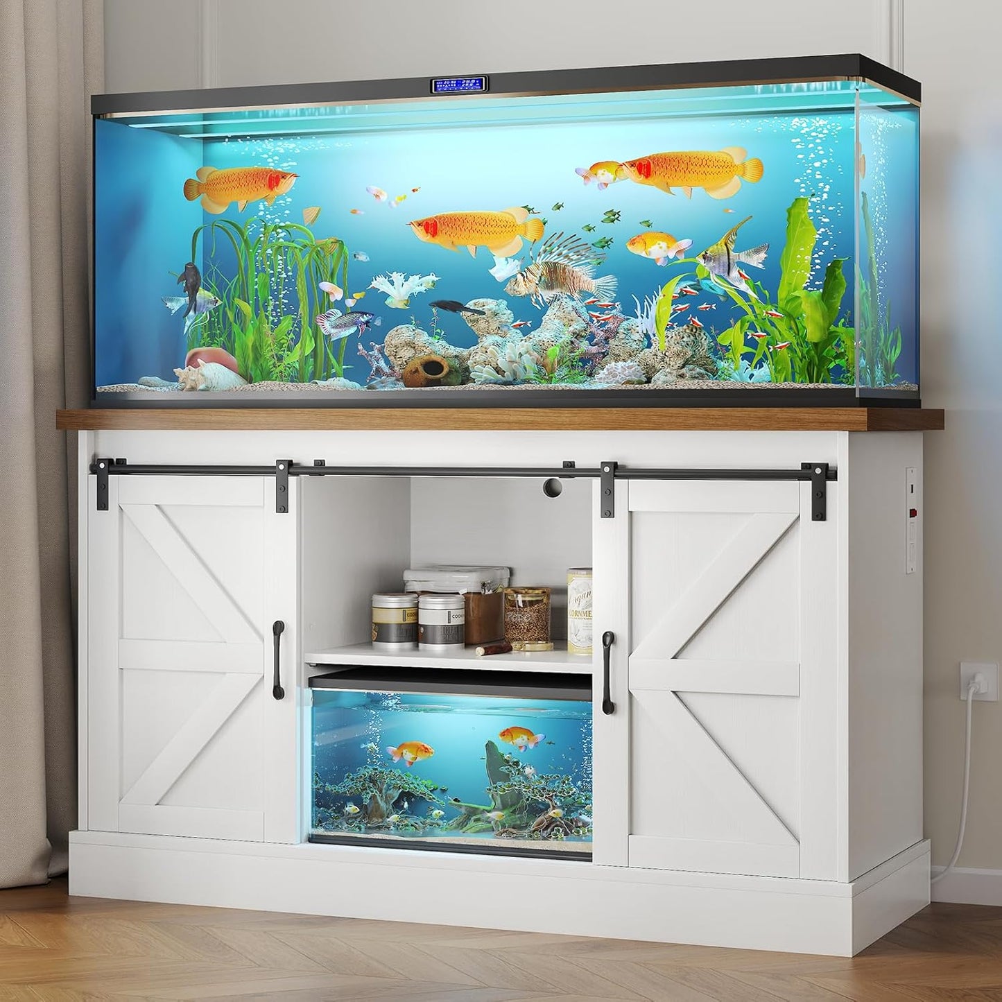 55-75 Gallon Fish Tank Stand with Sliding Barn Doors & Power Outlet
