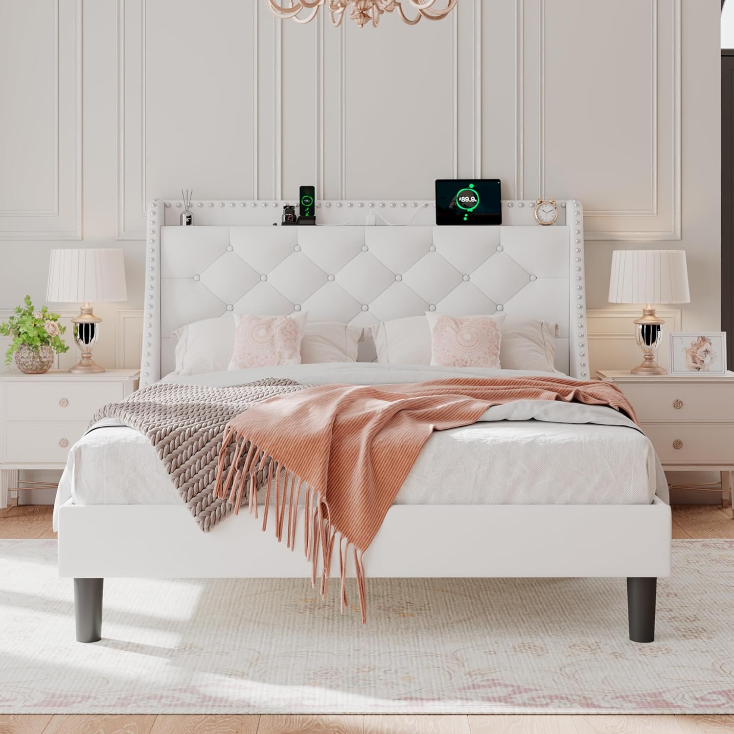 Full Size Velvet Bed Frame with Wingback Storage Headboard