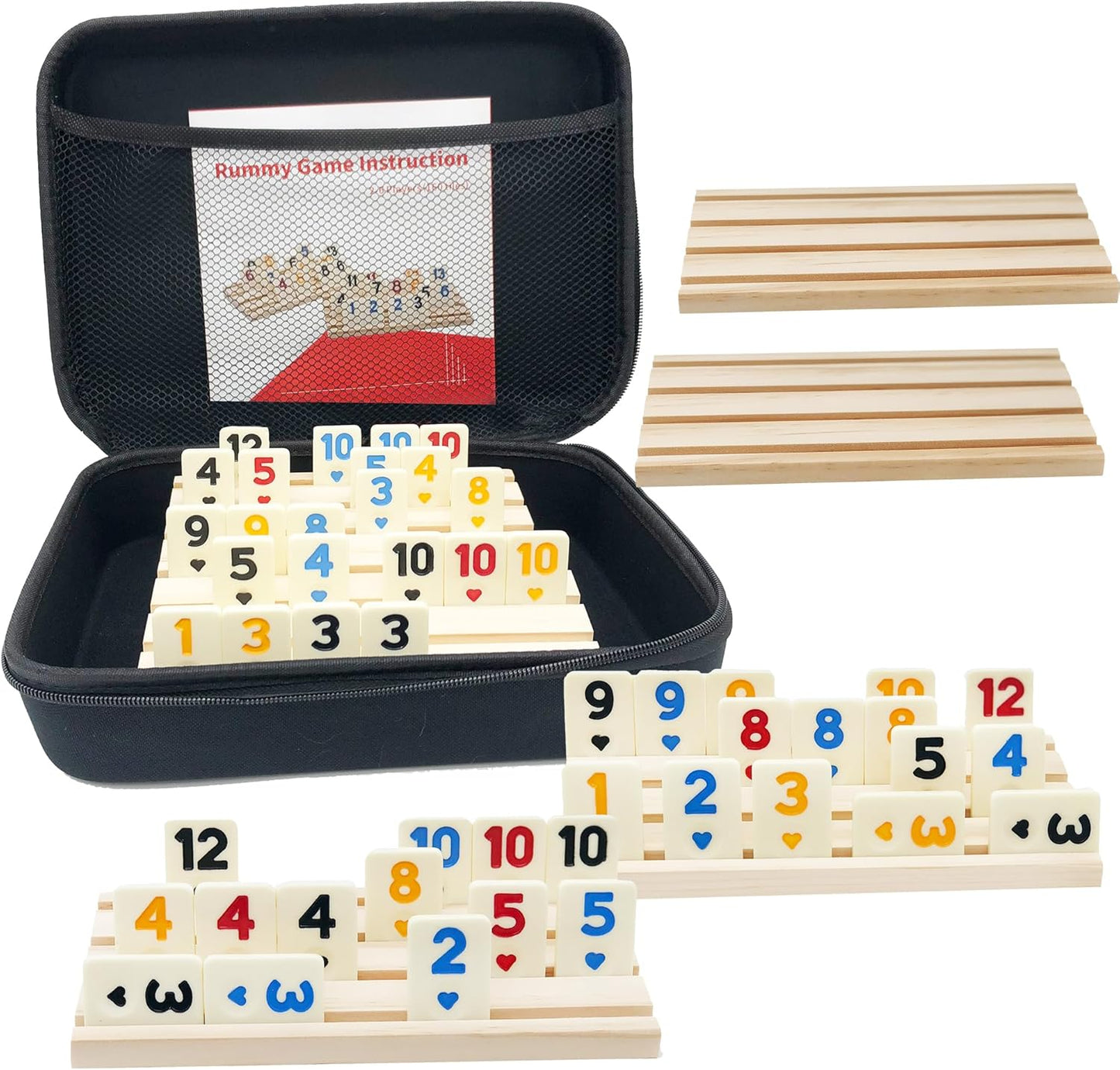 Rummy Game with 6 Wooden Racks and Portable Case for Fun