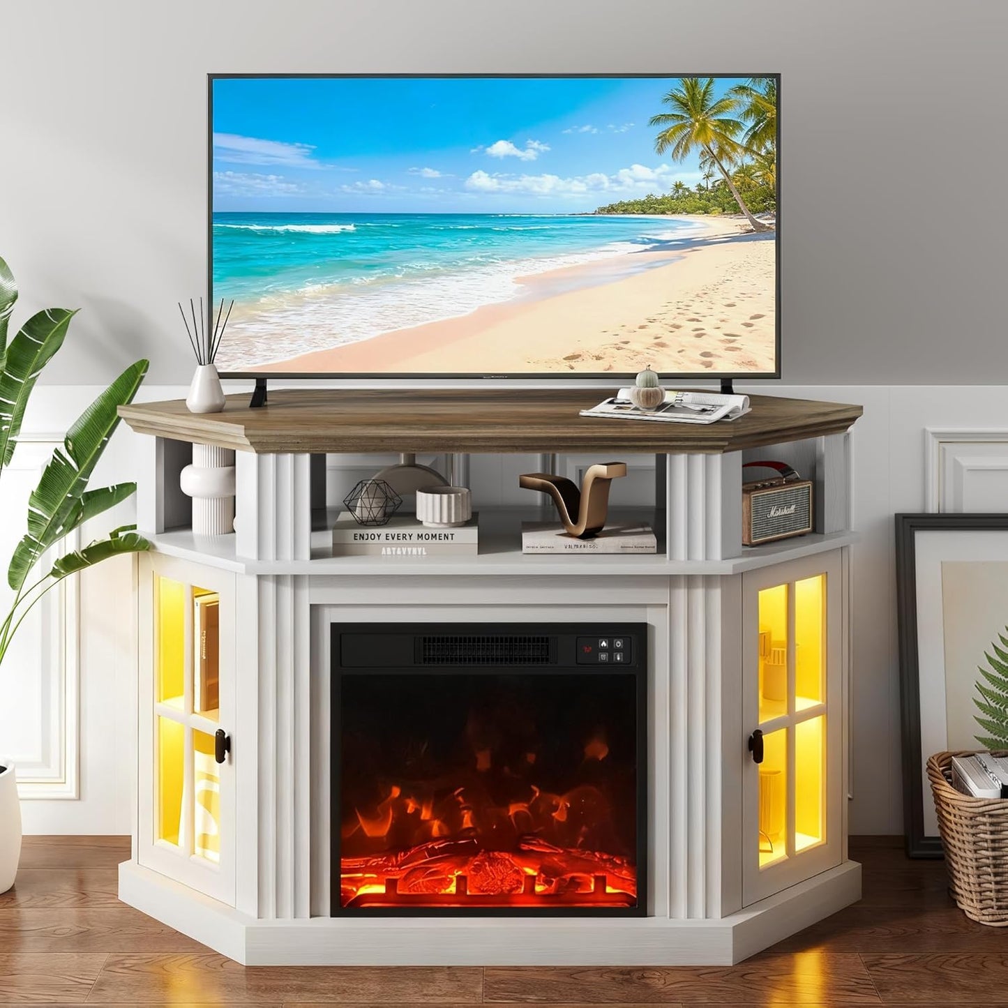 YESHOMY LED Corner Fireplace TV Stand for TVs up to 55 in