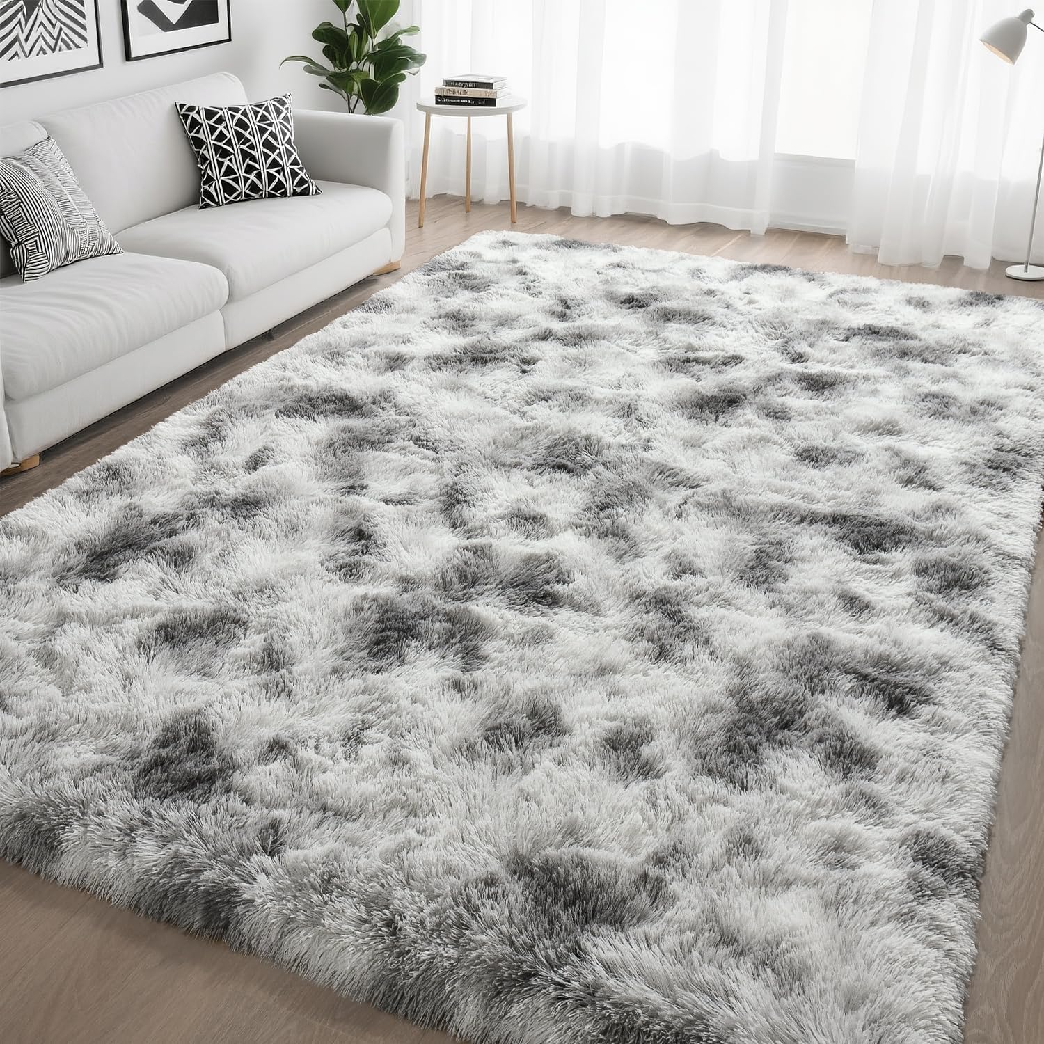 Ultra Soft 6x9 Fluffy Tie-Dyed Grey White Area Rug for Home