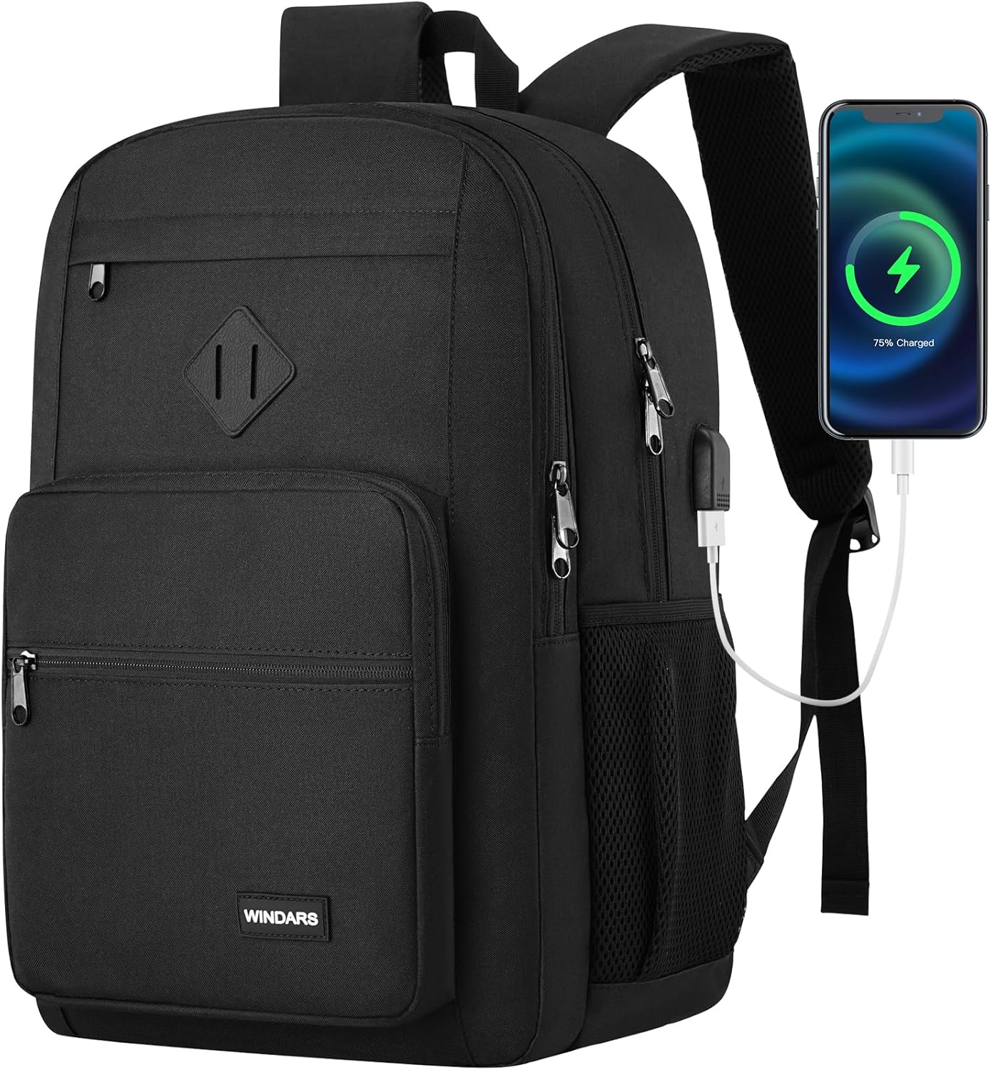 Durable Black Backpack for Men Women with USB Charger Feature