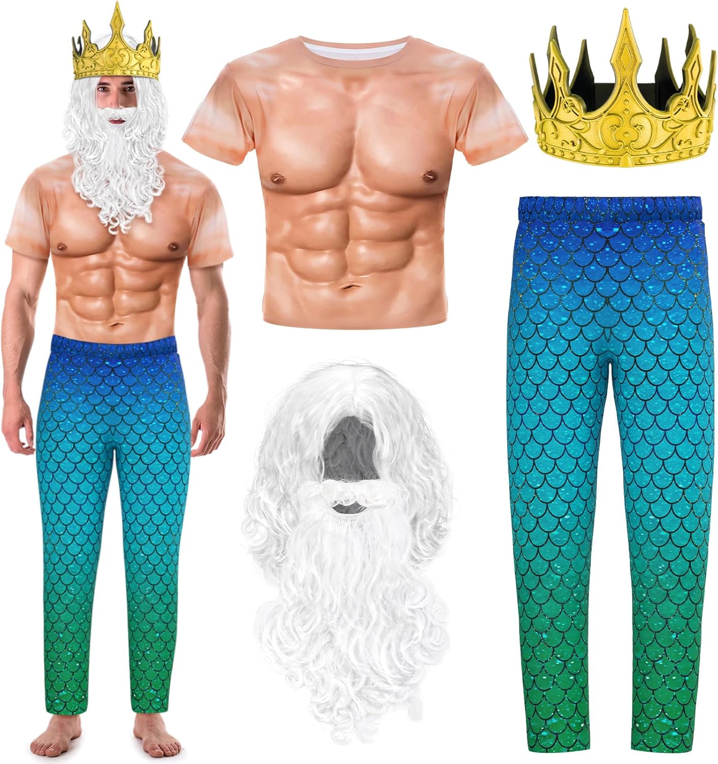 4 Pcs Halloween Poseidon Costume for Men - Merman Trick or Treat
