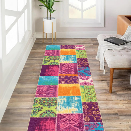 Custom Size Multicolor Fancy Patchwork Non-Slip Hallway Rug