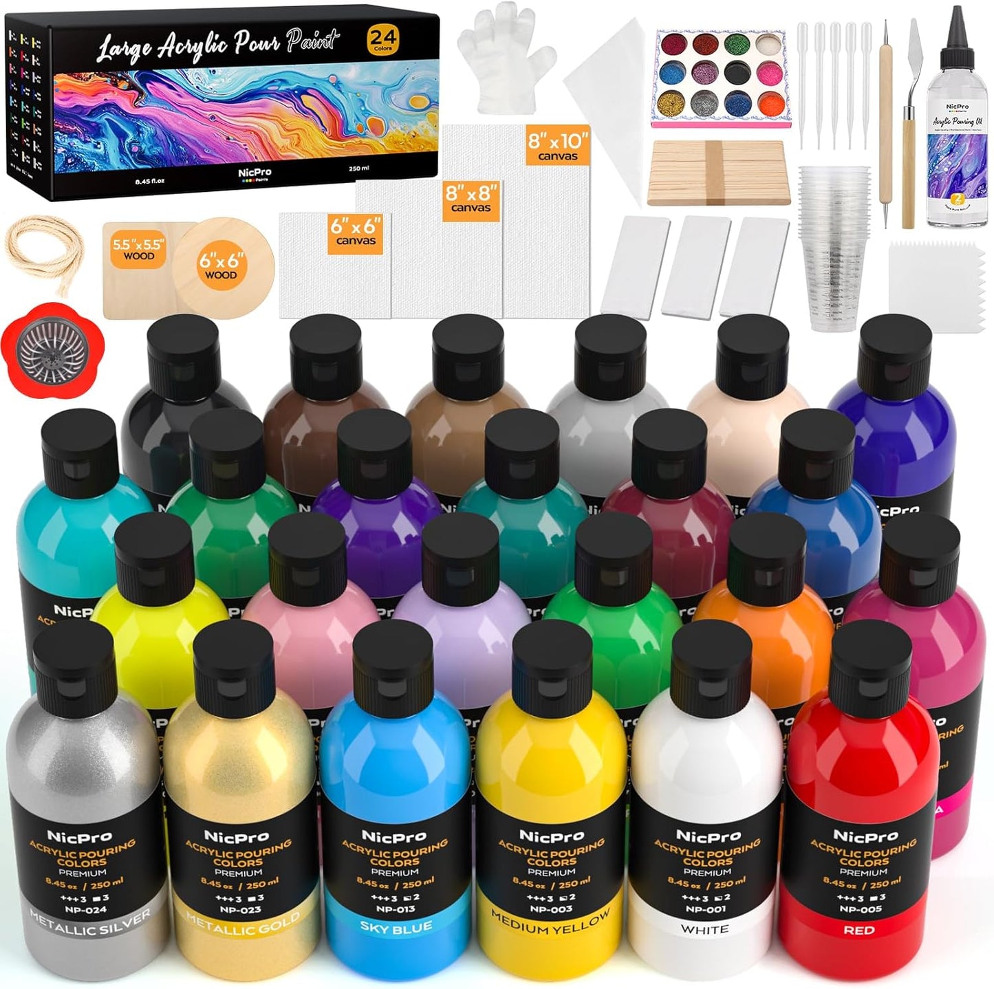 Nicpro 24 Colors Acrylic Pour Paint Kit for Creative Art