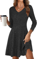 Women Long Sleeve Ribbed Knit Short Dress - V Neck Swing A Line