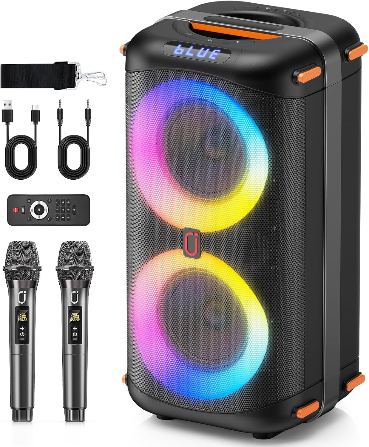 Portable Bluetooth Karaoke Speaker: Dual Subwoofers, 2 Mics