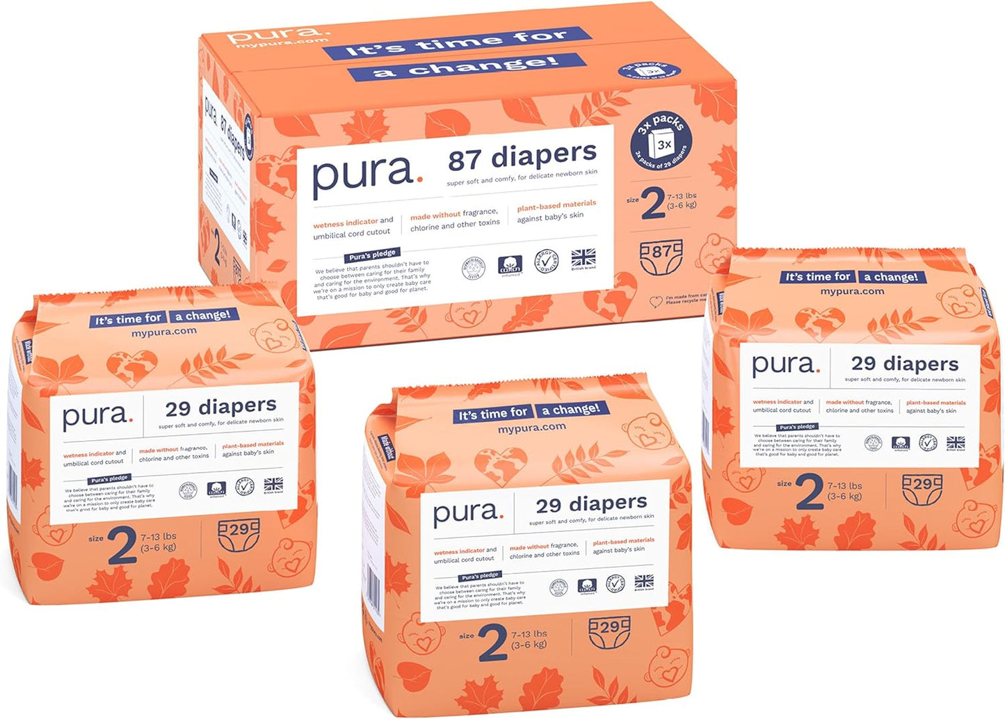 Pura Size 2 Hypoallergenic Diapers - Chlorine-Free, Gentle on Sensitive Skin