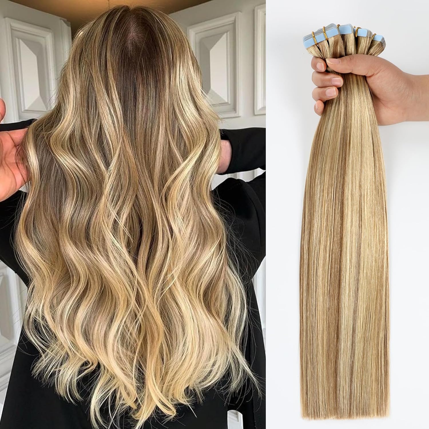 Tape in Hair Extensions Human Hair Ash Blonde Highlighted 22 in