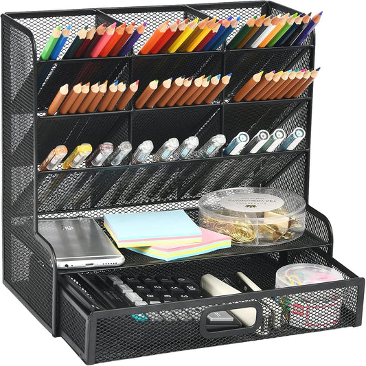 Marbrasse Black Mesh Pen Holder with Drawer