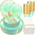 Green Plastic Plates Dinnerware Set 175 Pcs - Hammered Gold Trim