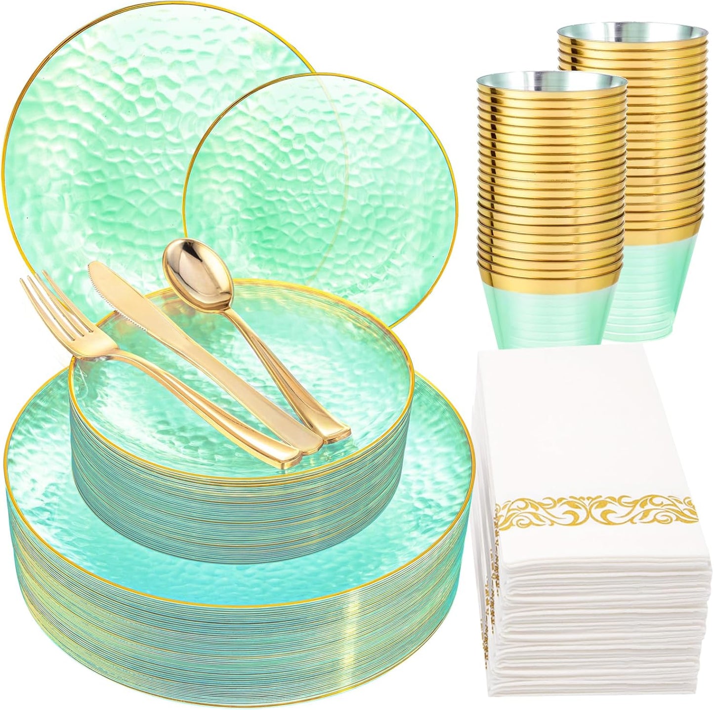 Rubtlamp 175 Pcs Green Plastic Plates Dinnerware Set for Parties