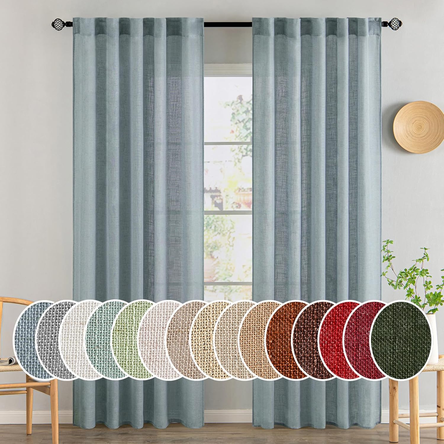 MIULEE Dusty Blue Linen Curtains for Bedroom and Living Room