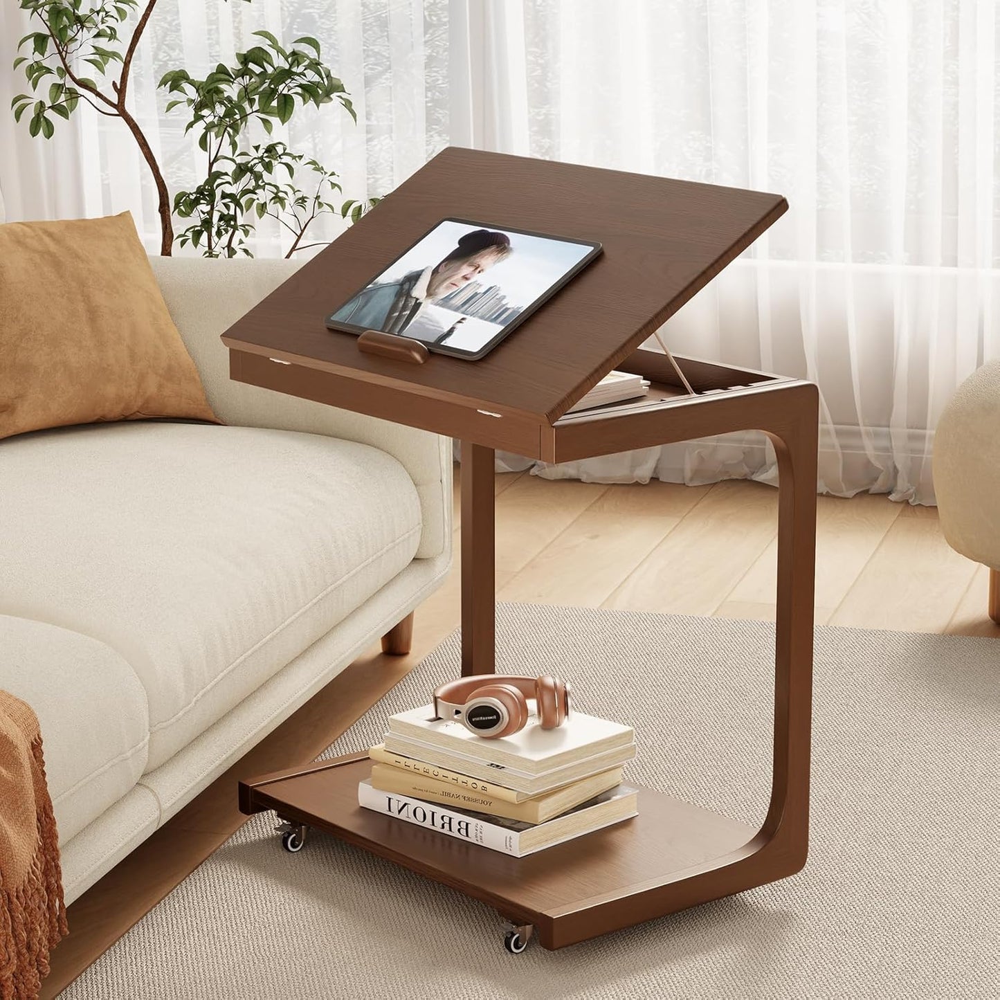 Wooden C-Shaped End Table with Adjustable Desktop for Living Room