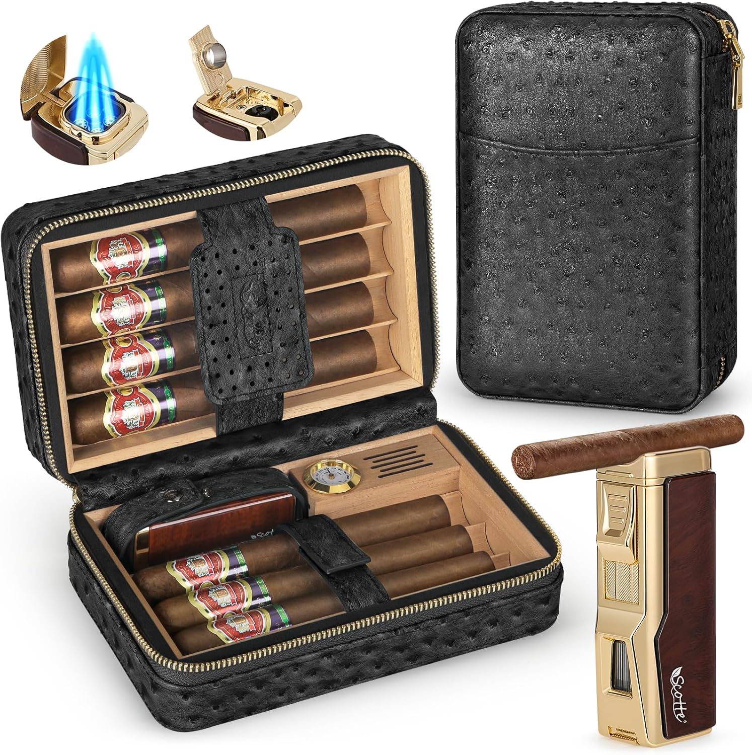Scotte Cigar Humidor Box with Lighter and Accessories for Travel