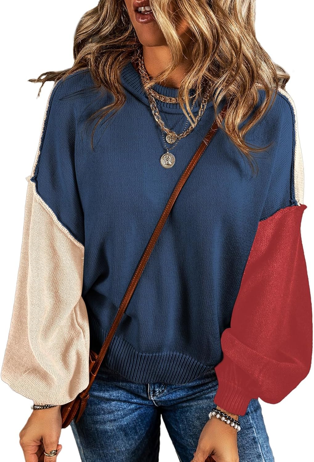 Dokotoo Women's Colorblock Crewneck Sweaters for Fall Style