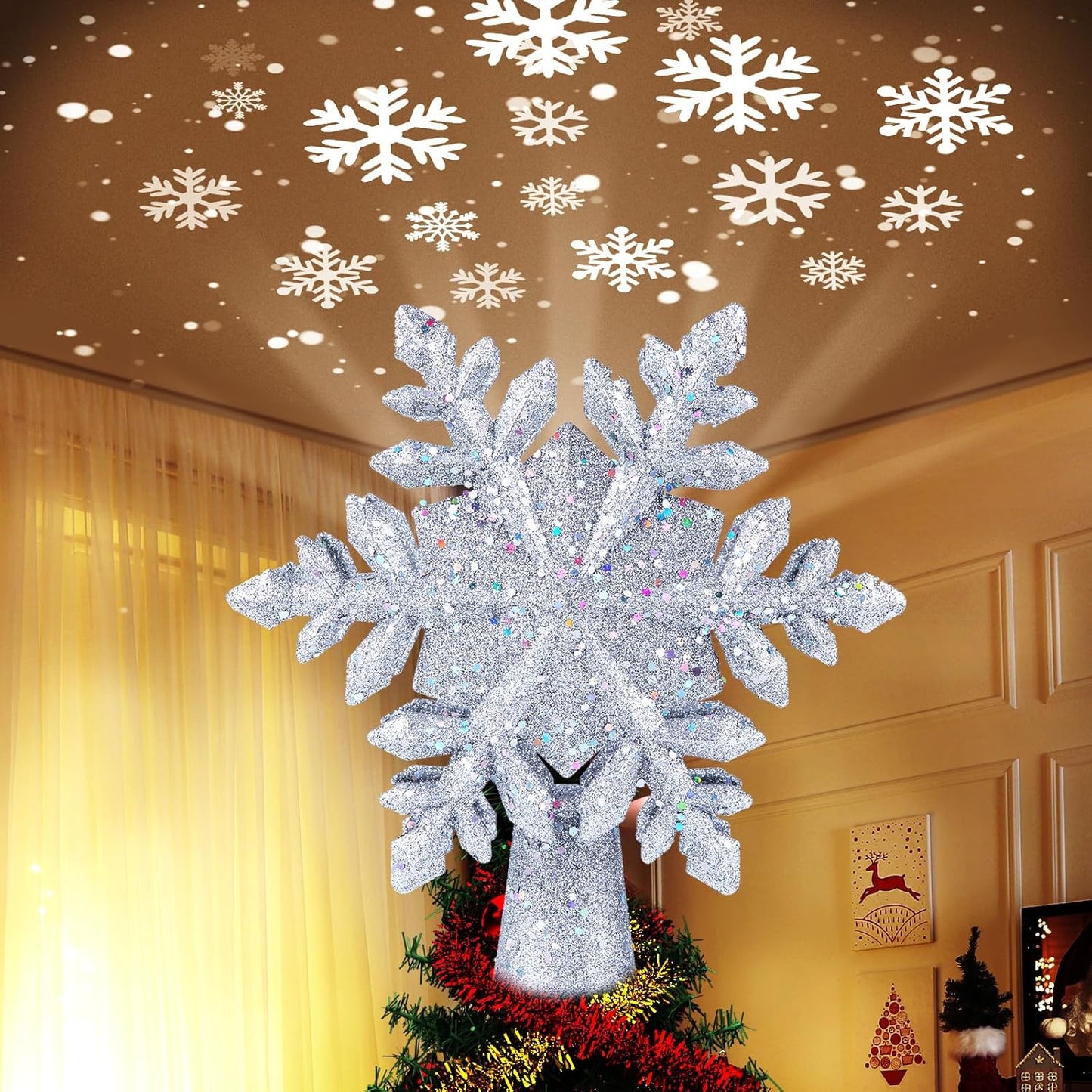 Lighted Christmas Tree Topper with Rotating Snowflake Projector