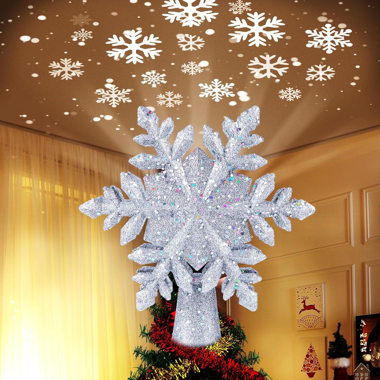 Lighted Christmas Tree Topper with Rotating Snowflake Projector