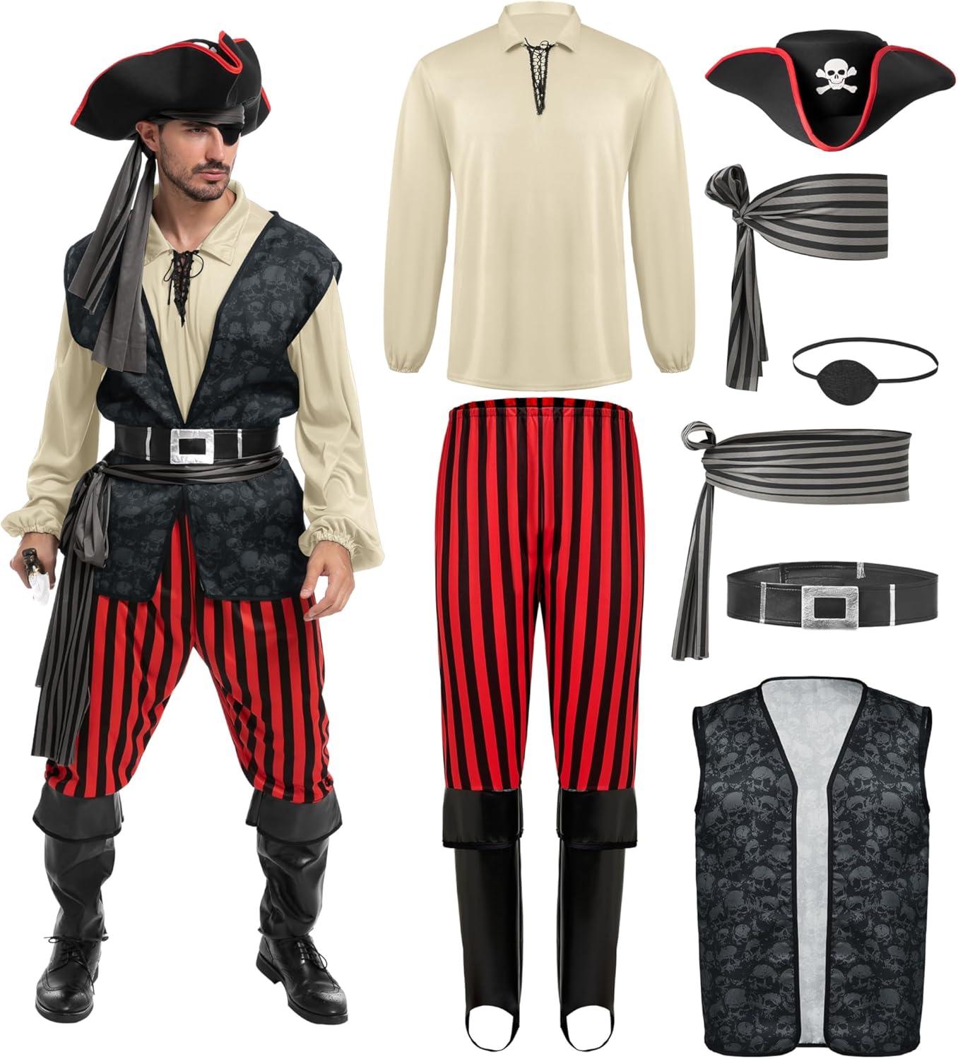 Men Pirate Costume Set for Halloween Parties and Themed Events