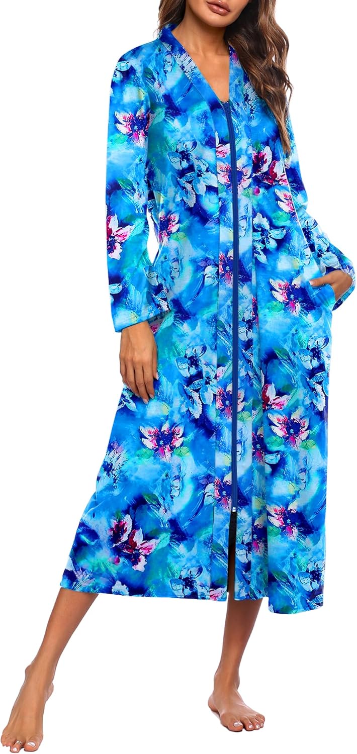 Ekouaer Women Zipper Robe Long Sleeve Lightweight Housecoat