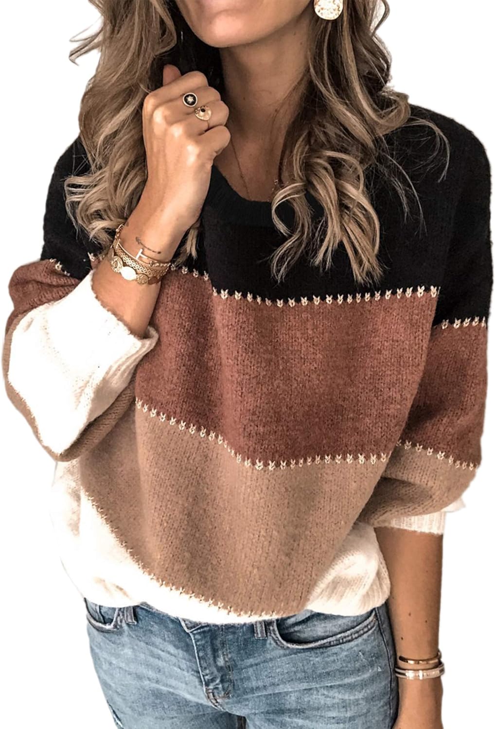 Angashion Women's Color Block Pullover Knit Sweater for All Occasions