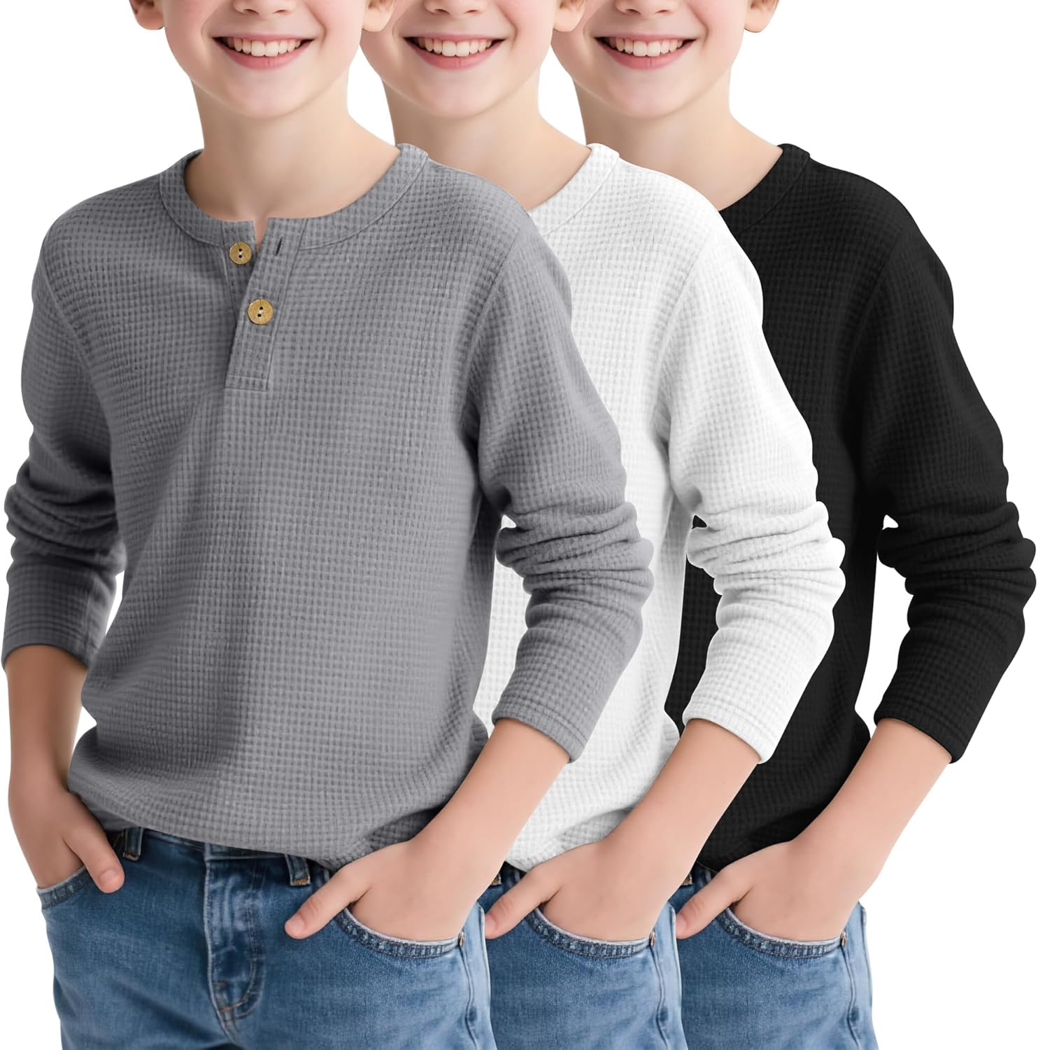 3 Pack Boy's Henley Long Sleeve Shirts for School Comfort