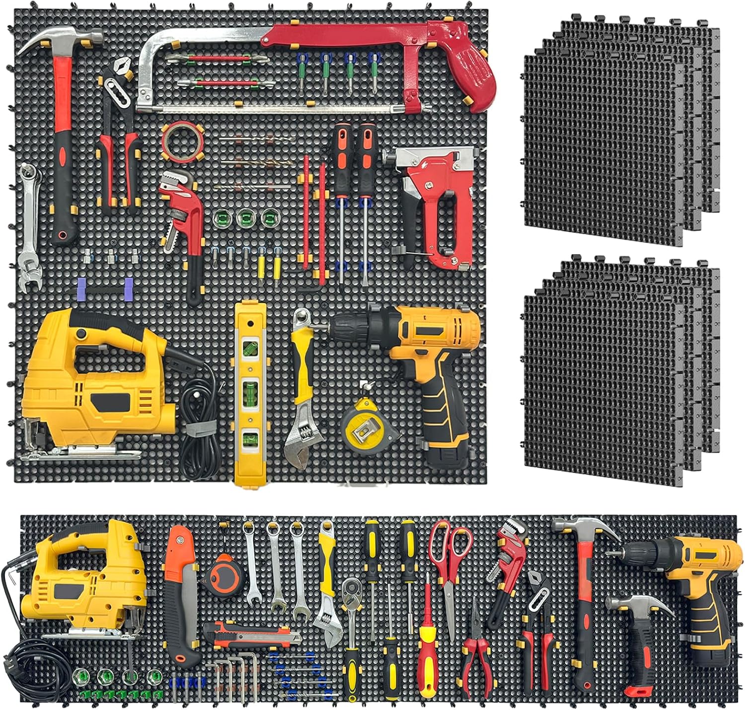 6 Black Plastic Peg Board Set with 200 Accessories for Tools