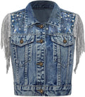 Women's Pearls Beading Denim Vest Sleeveless Sequin Fringe - Cowgirl