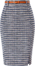 Tweed Pencil Skirt Knee Length High Waisted with Belt - Elegant Fit