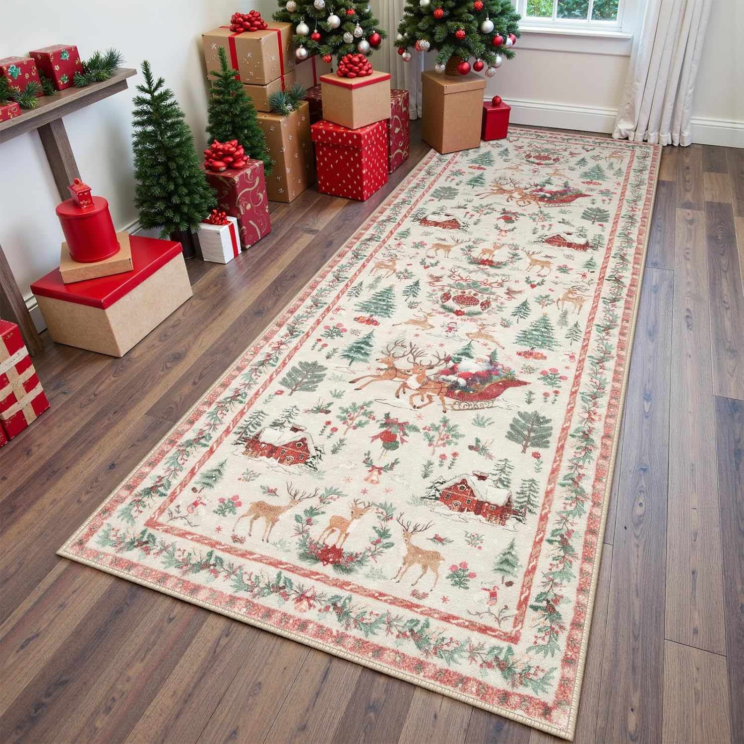 Lahome Christmas Runner Rug 2x8 Beige Non Slip Washable Decor