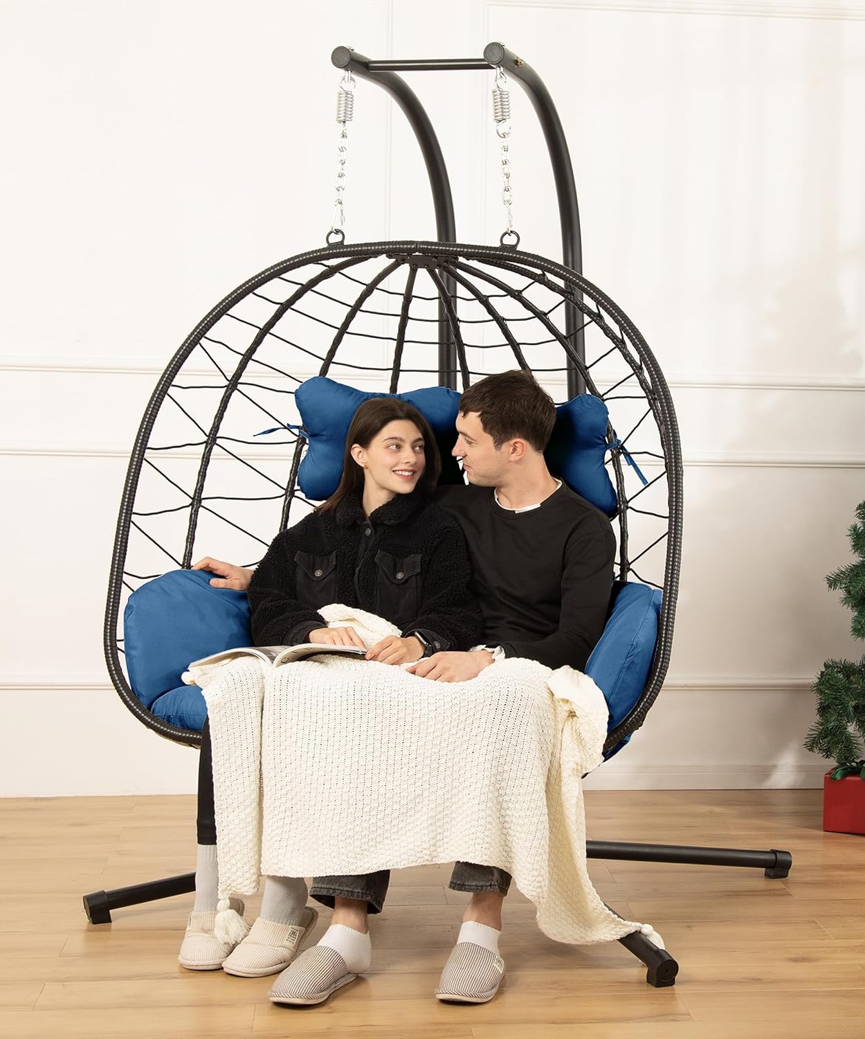 Double Egg Chair with Stand Hammock Swing for Indoor and Outdoor