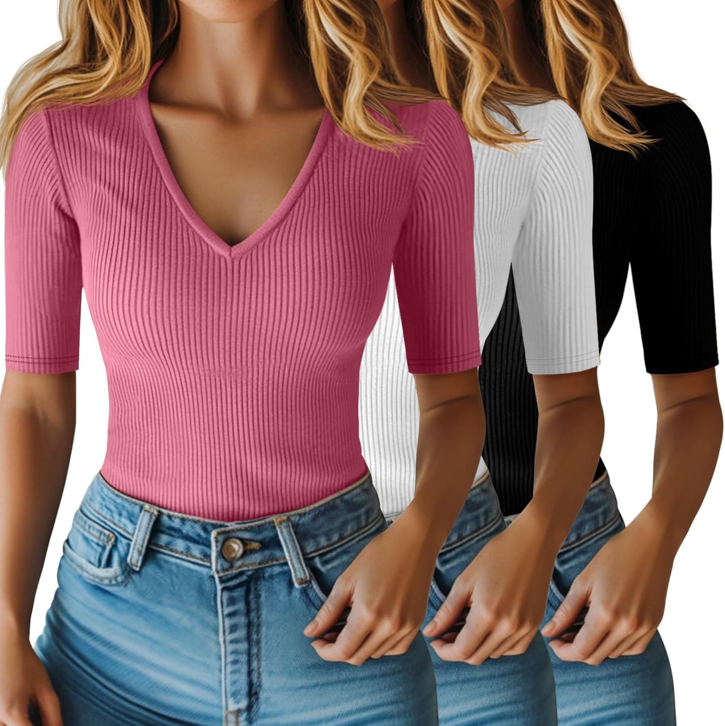 Riyiper Women's Half Sleeve Top V Neck Slim Fit Casual Blouses