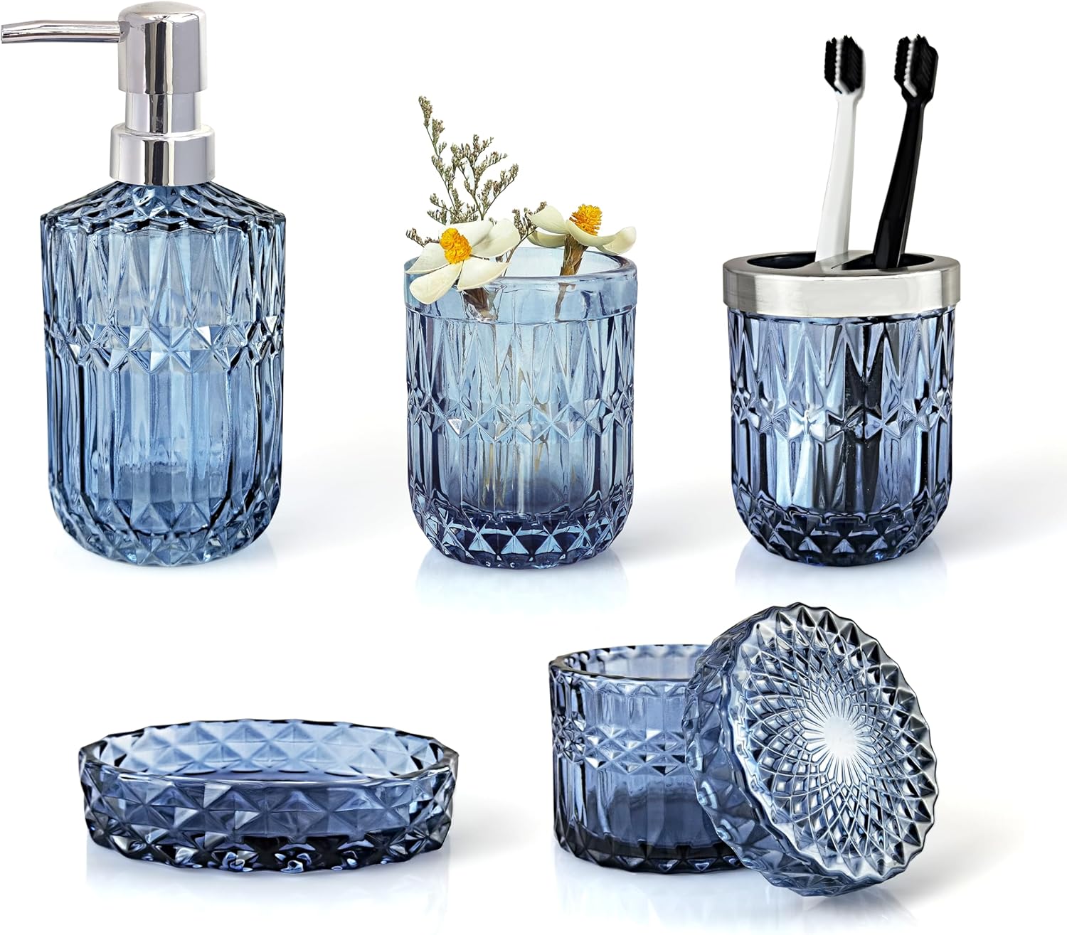 Blue Bathroom Accessories Set - 5Pcs Clear Glass Decor