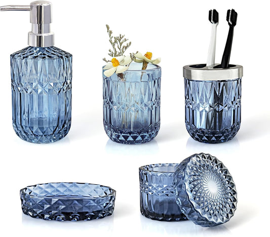 Blue Bathroom Accessories Set - 5Pcs Clear Glass Decor